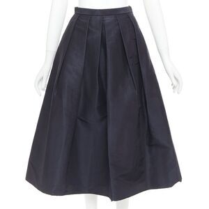 TIBI navy 100% silk satin crepe box pleated flared tea length midi skirt US0 XS
